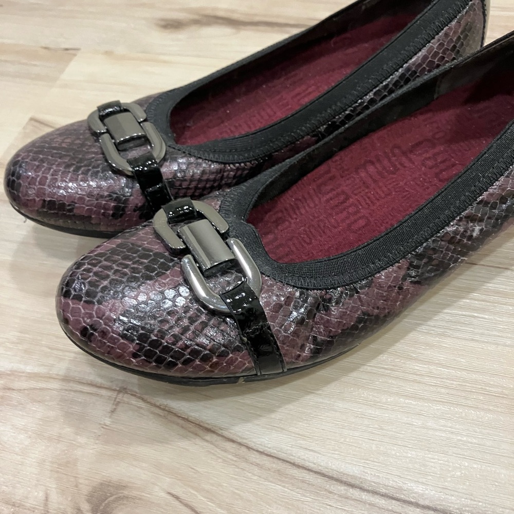 Black and Purple Snakeskin Flats with Decorative Strap